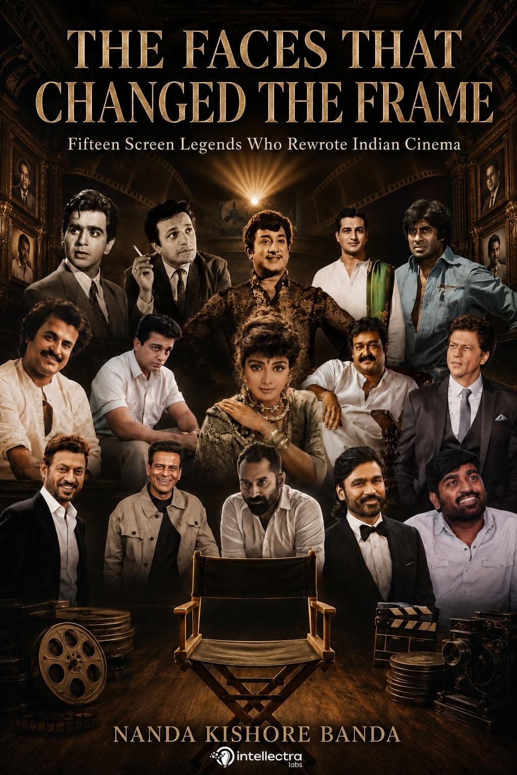 The Faces That Changed the Frame by Nanda Kishore Banda — cover featuring Dilip Kumar, Sivaji Ganesan, Sridevi, Amitabh Bachchan and other Indian screen legends